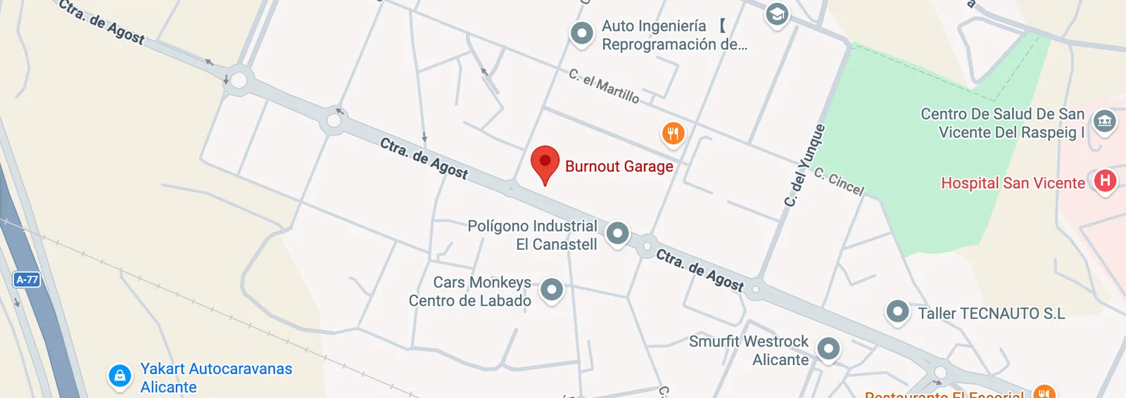 Ubicación de Burnout Garage en Ctra. de Agost, Sant Vicent del Raspeig